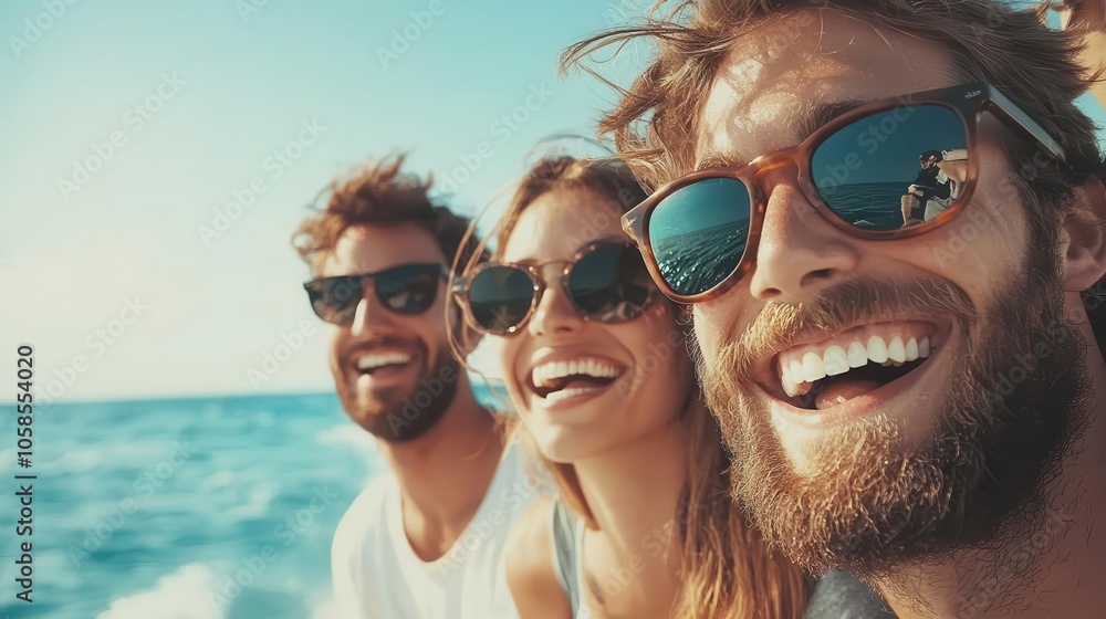 Friends on a boat ride, sunglasses and wide smiles, ocean waves in the background Friends on a boat ride, sunglasses and wide smiles, ocean waves in the background