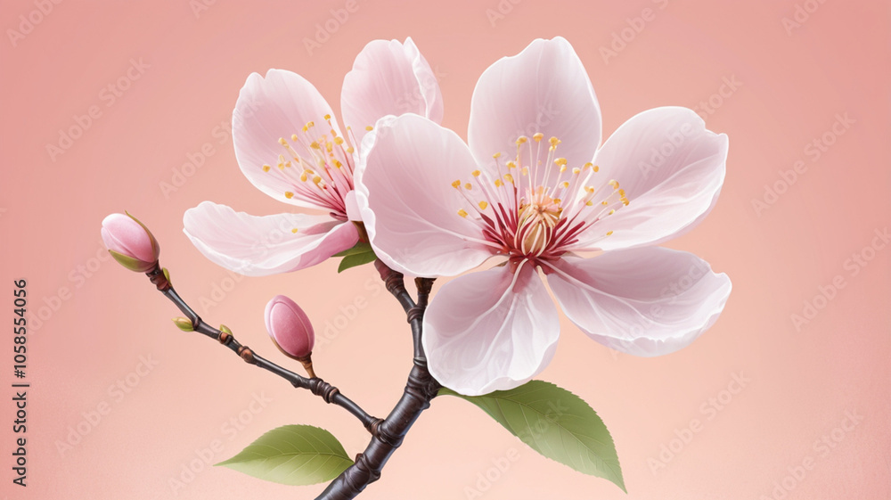 An artistic composition featuring two cherry blossoms with delicate petals and leaves, layered over a pastel pink background that softly blends with the floral elements. An artistic composition featuring two cherry blossoms with delicate petals and leaves, layered over a pastel pink background that softly blends with the floral elements.