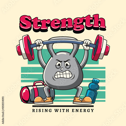 Gym Kettlebell fitness Retro Cartoon Mascot Character Groovy Vintage Style for bodybuilding weightlifting poster, flyer, brochure, invitation, greeting card, banner