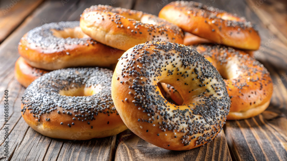 Fresh delicious bagels with poppy seeds on a wooden rustic table Fresh delicious bagels with poppy seeds on a wooden rustic table