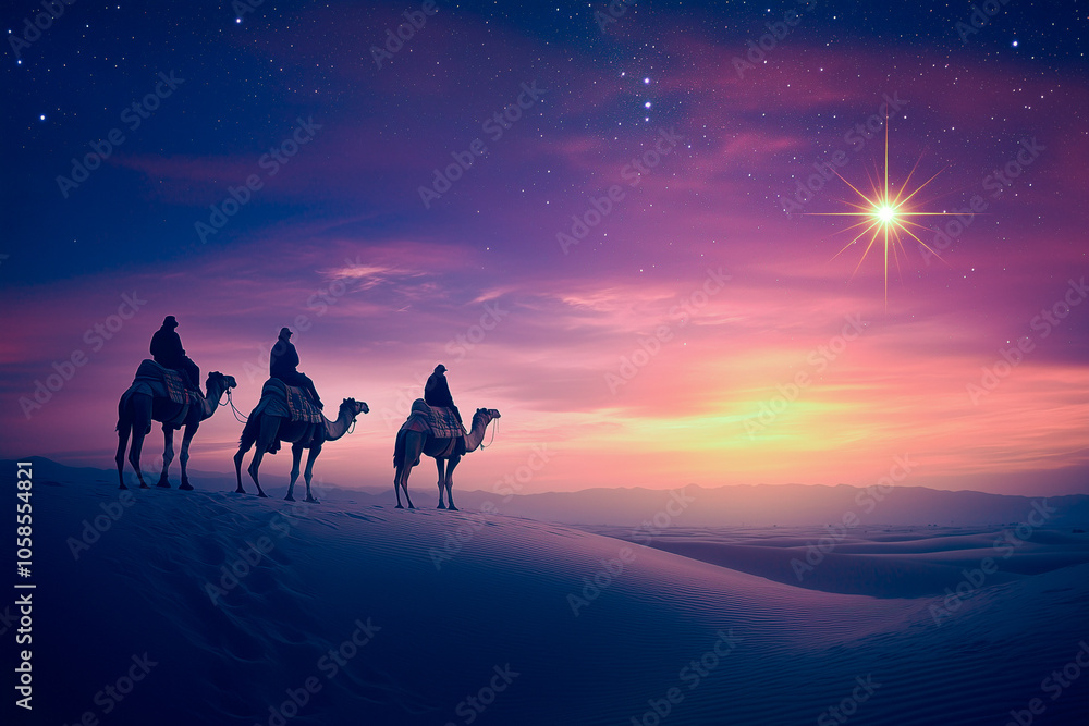 The Three wise men from the Bible travelling and following a bright star, Christmas nativity, 3 kings day holiday