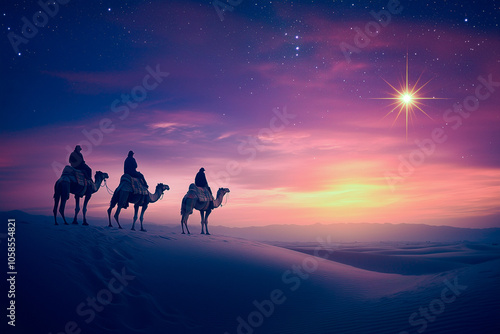 Obraz na płótnie The Three wise men from the Bible travelling and following a bright star, Christmas nativity, 3 kings day holiday w salonie