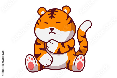 Cute Tiger Thinking with Hand on His Chin Illustration