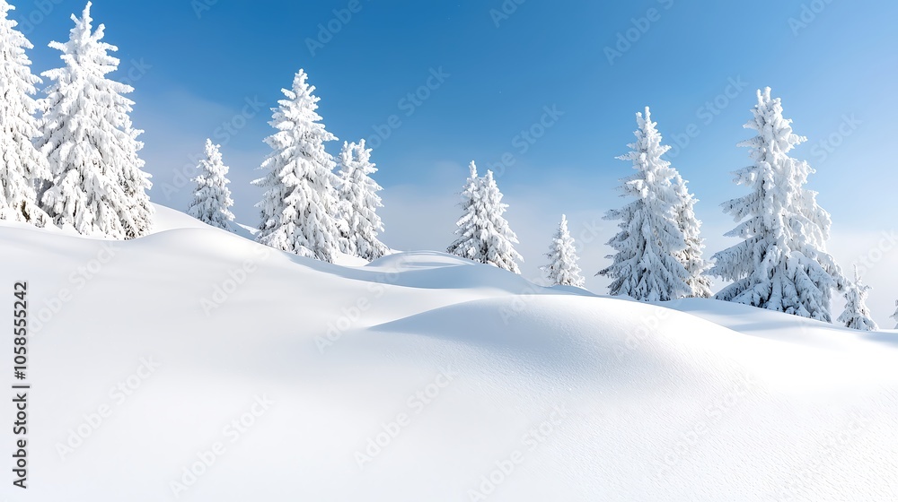 A serene winter landscape featuring snow-covered pine trees under a clear blue sky, with a gentle sunlight illuminating the scene. The foreground is highlighted with untouched snow and soft shadows, A serene winter landscape featuring snow-covered pine trees under a clear blue sky, with a gentle sunlight illuminating the scene. The foreground is highlighted with untouched snow and soft shadows,