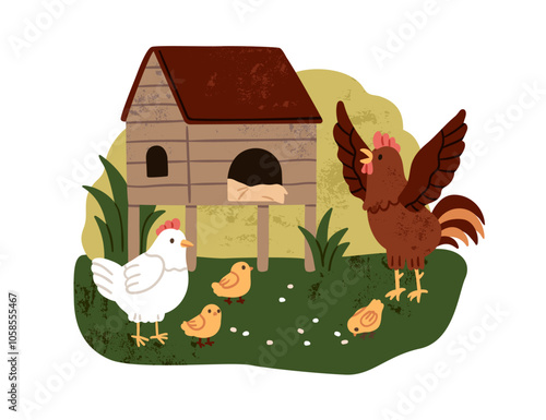 Hen, rooster and chicken in countryside. Domestic poultry family, chicks brood pecking grains in country. Cute fowl birds, rural nature life. Flat vector illustration isolated on white background