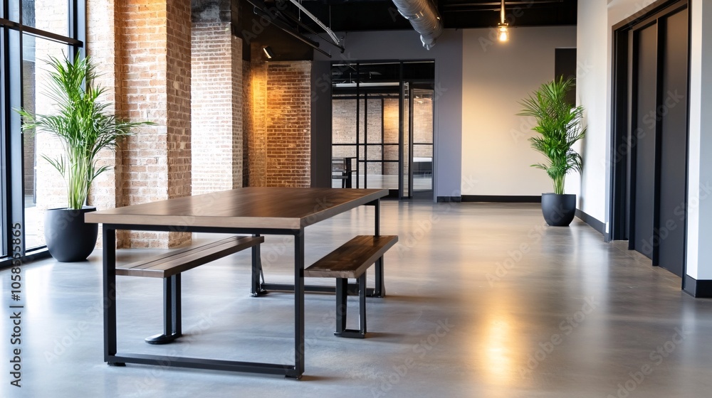 Industrial Office Space with Exposed Pipes and Table Industrial Office Space with Exposed Pipes and Table