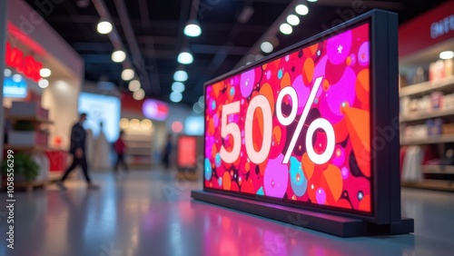 Bright digital sale sign displaying 50% discount in a modern retail store during a busy shopping day