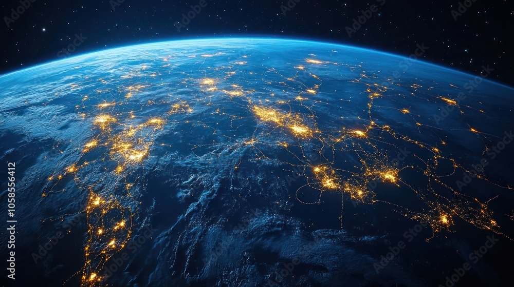 Fototapeta premium A view of Earth at night, highlighting city lights and geography.