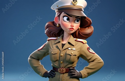 Cartoon military woman in uniform with serious expression photo