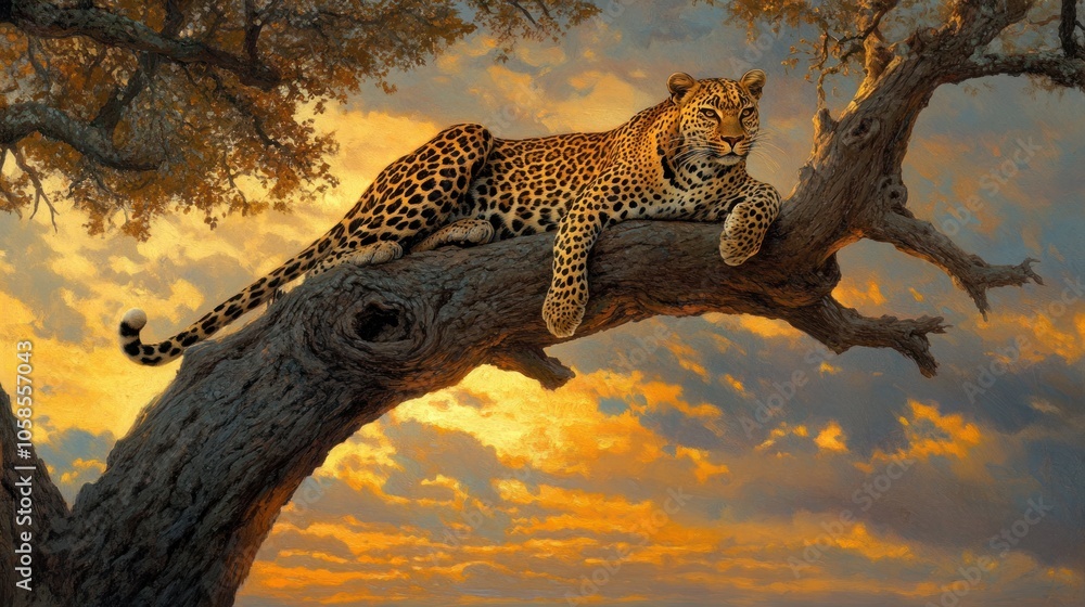 Obraz premium Leopard Resting on a Branch at Sunset