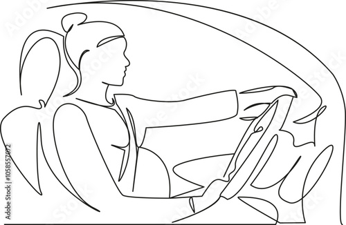 One continuous single drawing line art flat doodle pregnant, car, driving, female, adult, lifestyle, safety, transportation, woman. Isolated image hand draw contour on a white background