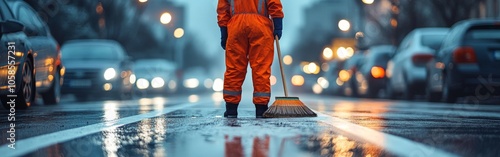 Wallpaper Mural Worker Cleaning City Roads at Night in Orange Uniform Torontodigital.ca