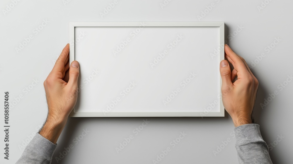 Close-up of hands holding an empty white picture frame against a light gray background, showcasing minimalistic design and preparation for artwork or photo display. Close-up of hands holding an empty white picture frame against a light gray background, showcasing minimalistic design and preparation for artwork or photo display.