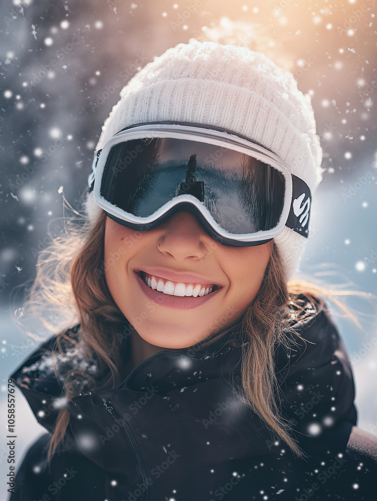 Lächelnde Frau im Schnee mit Skibrille und winterlicher Kleidung
Lächelnde Frau im Schnee mit Skibrille und winterlicher Kleidung