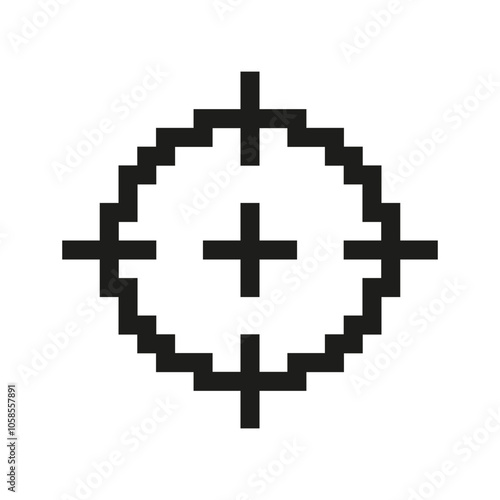 Pixelated Target Icon. Retro Gaming Crosshair Symbol. Focused Aim Symbol in Pixel Art Style. Isolated Vector Illustration