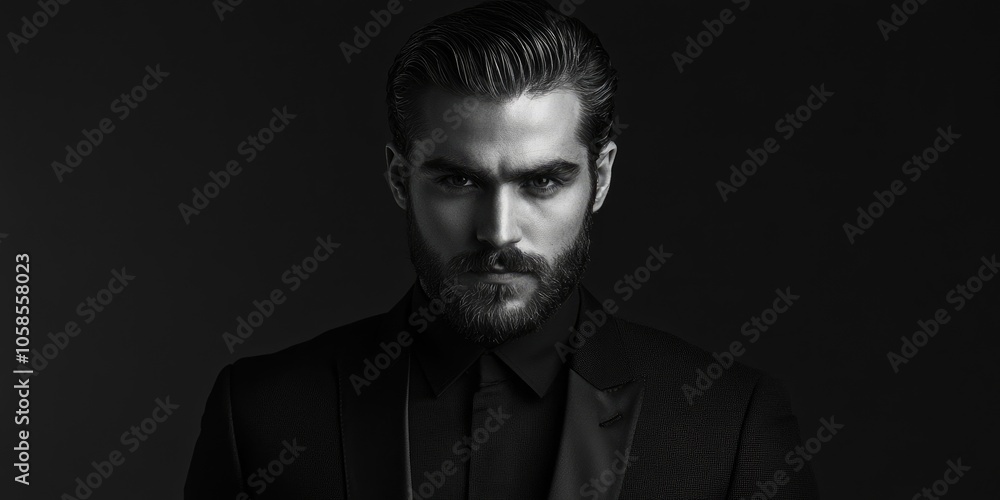 Obraz premium A self assured man with a beard, dressed in a black suit, looks directly into the camera. His slicked back hair enhances his aura of health and wisdom.