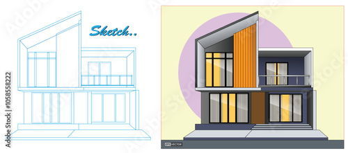 An Illustration of Modern Minimalist Template House Design with Blueprint Sketch, featuring a clean and contemporary two-story structure.  