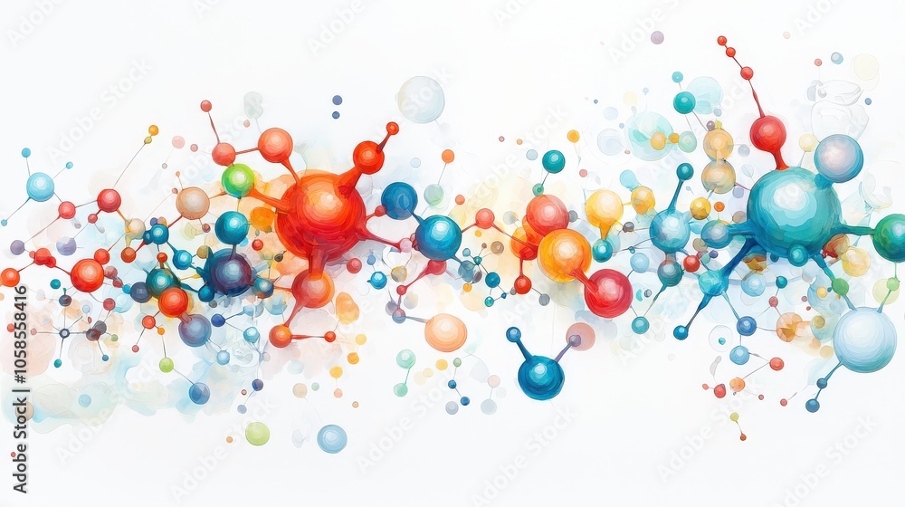 Abstract molecular storm showing red, blue, green molecules, arranged in an intricate, storm-like lattice against a clean white backdrop. Abstract molecular storm showing red, blue, green molecules, arranged in an intricate, storm-like lattice against a clean white backdrop.