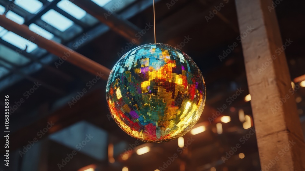 Naklejka premium colorful disco ball hanging from above