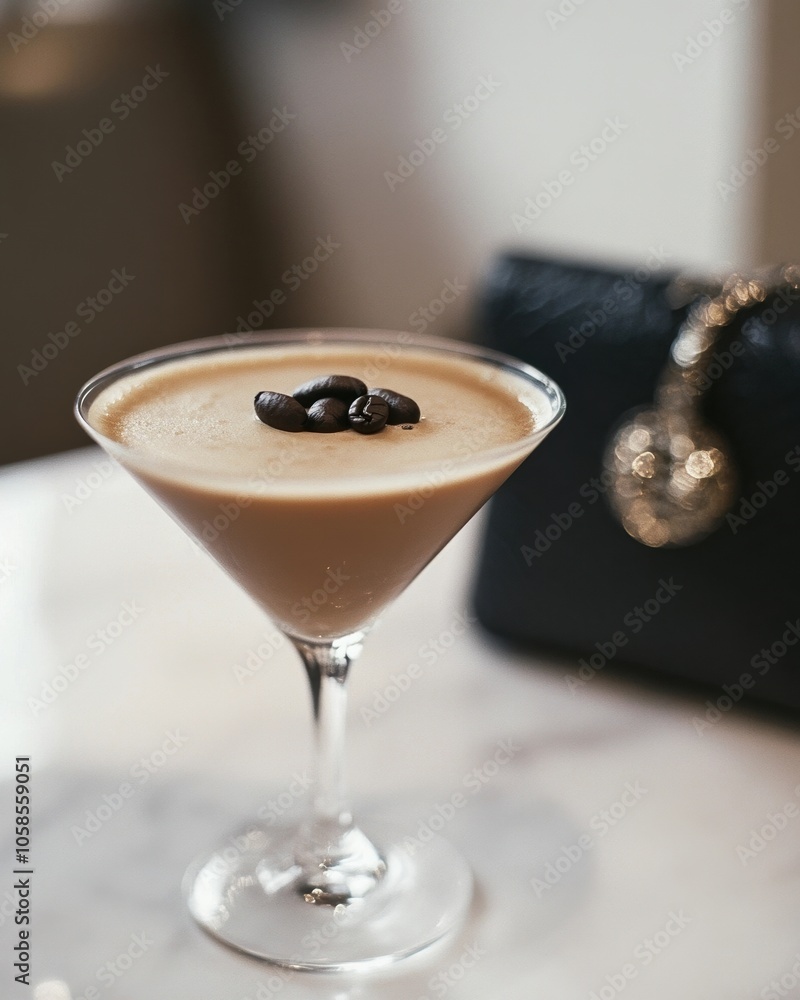 Rich espresso martini garnished with three coffee beans in a sleek martini glass Rich espresso martini garnished with three coffee beans in a sleek martini glass