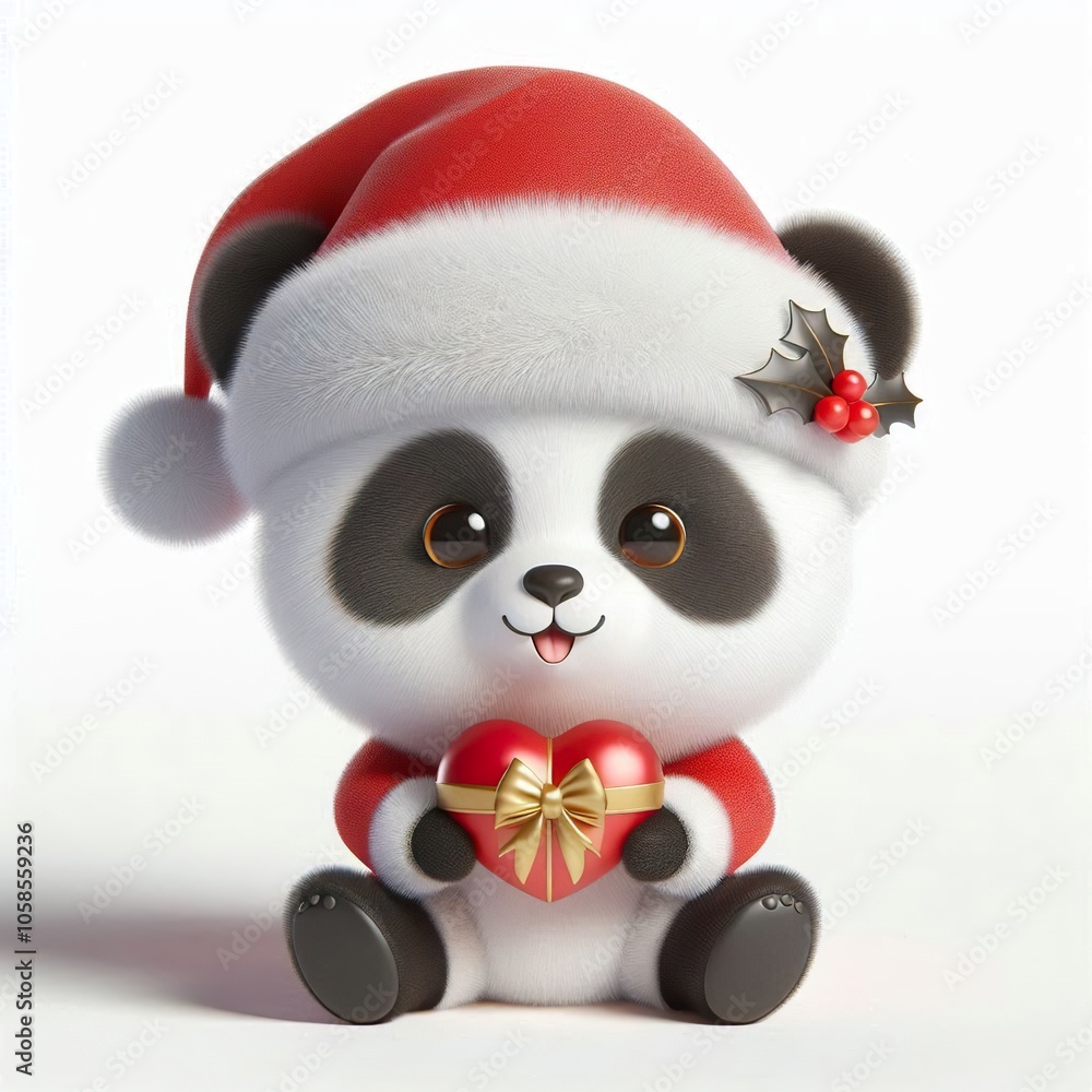 3d Cute fluffy christmas panda doing mini heart pose, full body, white background 3d Cute fluffy christmas panda doing mini heart pose, full body, white background