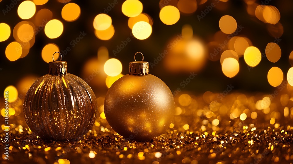 Golden Christmas Ornaments on Glitter Plain Textured Background for Web Design and Copy Golden Christmas Ornaments on Glitter Plain Textured Background for Web Design and Copy