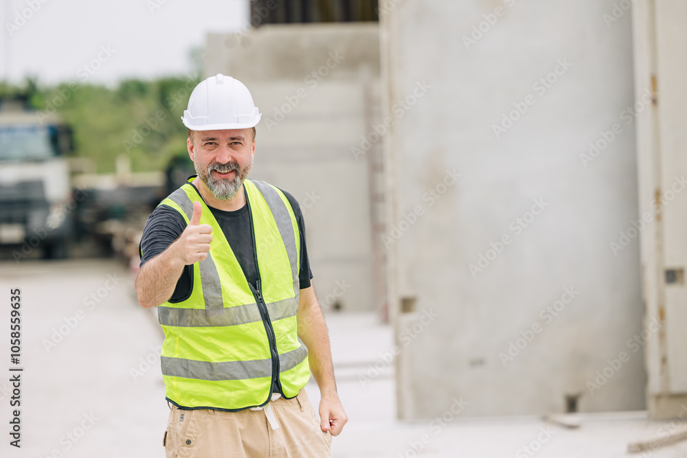 senior construction worker male Caucasian standing happy smiling outdoor at construction site, senior construction worker male Caucasian standing happy smiling outdoor at construction site,