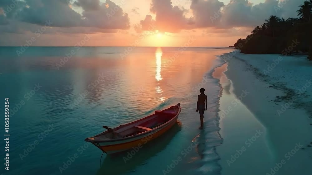 Solitary Figure Walking on a Tropical Beach at Sunset with a Boat in the Shallow Water Solitary Figure Walking on a Tropical Beach at Sunset with a Boat in the Shallow Water