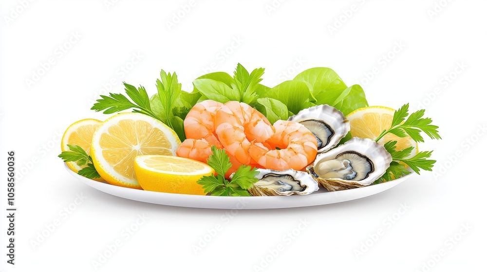 Gourmet seafood platter with oysters, shrimp, and lemon on a clean white background, showcasing a luxury culinary spread Gourmet seafood platter with oysters, shrimp, and lemon on a clean white background, showcasing a luxury culinary spread