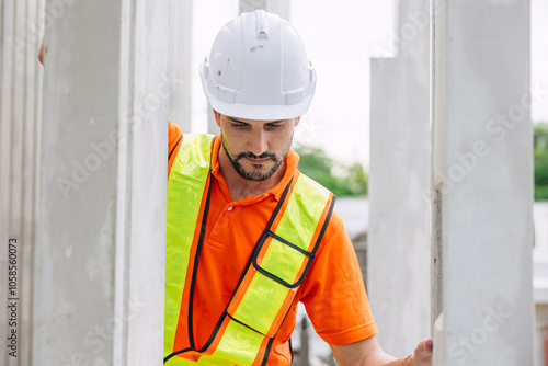 Professional engineer Hispanic Latin male working in concrete precast plant factory control operate construction site.