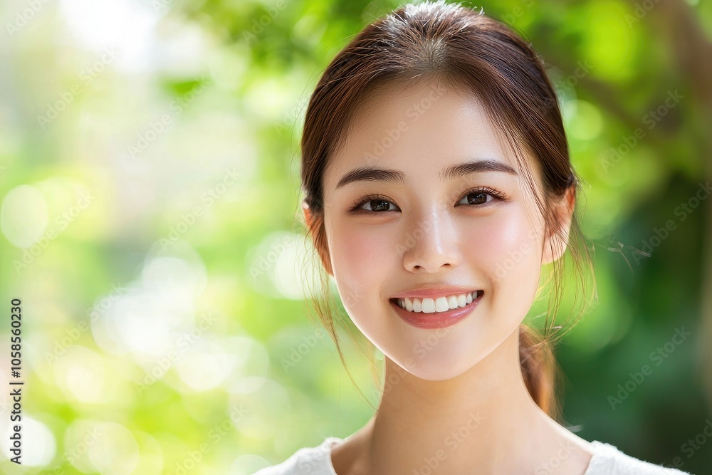 Radiant smile of a young asian woman surrounded by nature's beauty Radiant smile of a young asian woman surrounded by nature's beauty