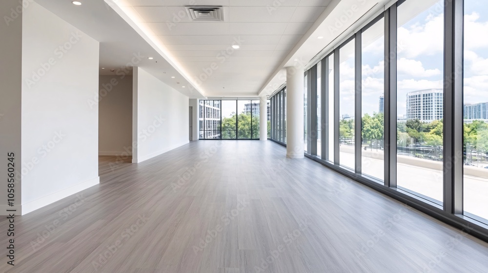 Fototapeta premium Modern Office Space with Floor to Ceiling Windows