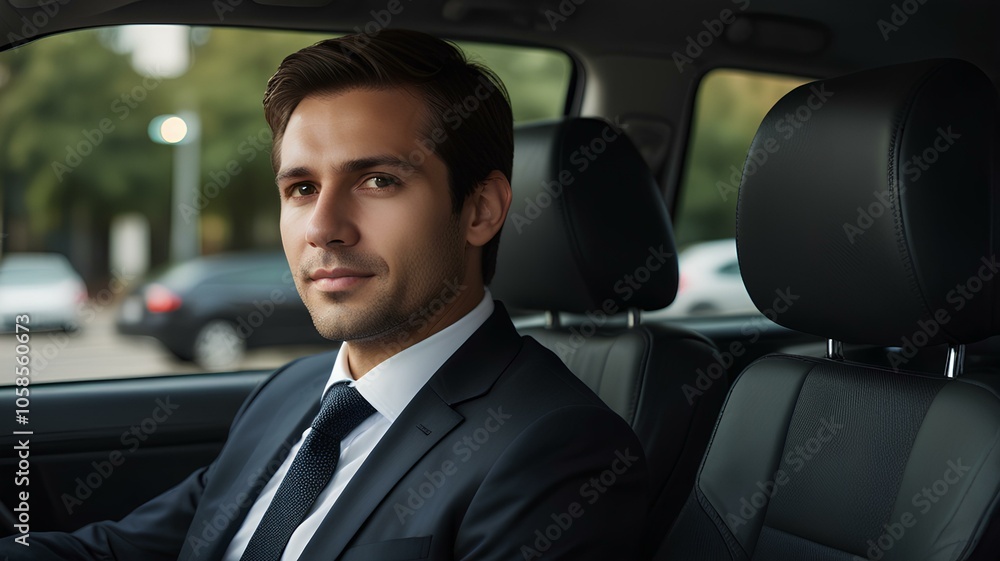 Portrait of a business executive man commuting to work sitting back seat of the car. Portrait of a business executive man commuting to work sitting back seat of the car.