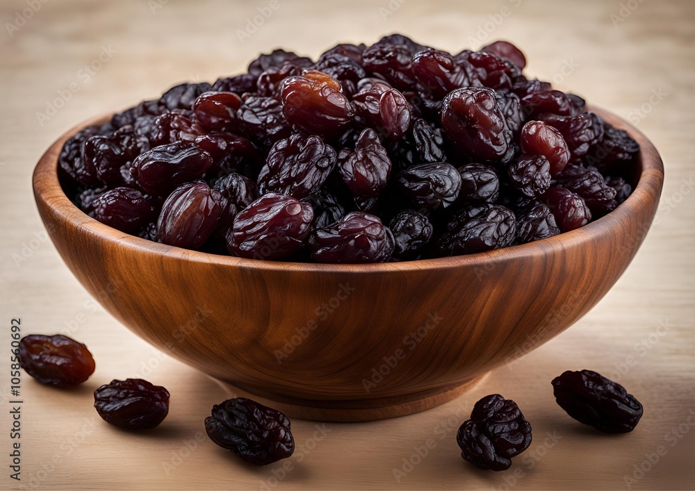 Raisins in wooden bowl front view isolate on background. Raisins in wooden bowl front view isolate on background.