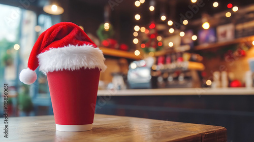 Red mockup of paper cup with Santa hat on a cafe table with blurred background photo