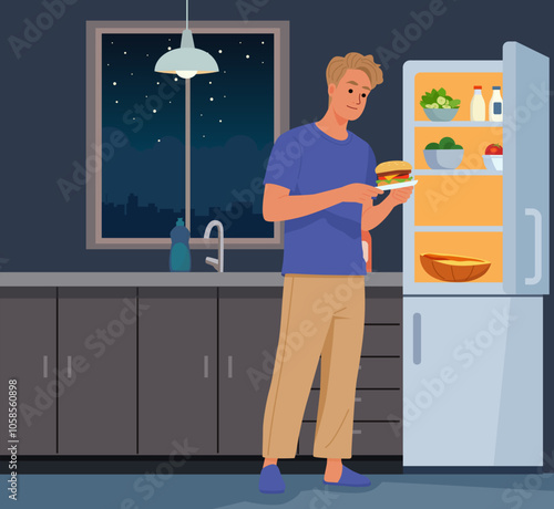 Eating at Night. A vector flat-style illustration shows a man in pajamas, illuminated by an open refrigerator in a dark kitchen. Holding a hamburger, they stand by the fridge