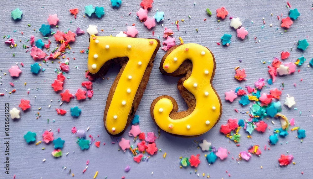 Decorated cookie, number 73, image for birthday or anniversary celebration Decorated cookie, number 73, image for birthday or anniversary celebration