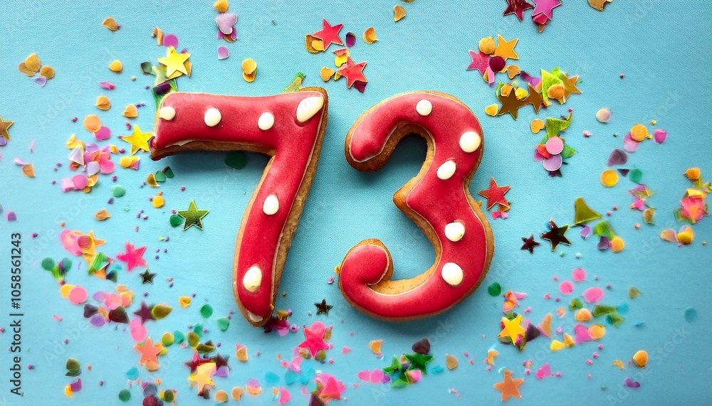 Decorated cookie, number 73, image for birthday or anniversary celebration Decorated cookie, number 73, image for birthday or anniversary celebration