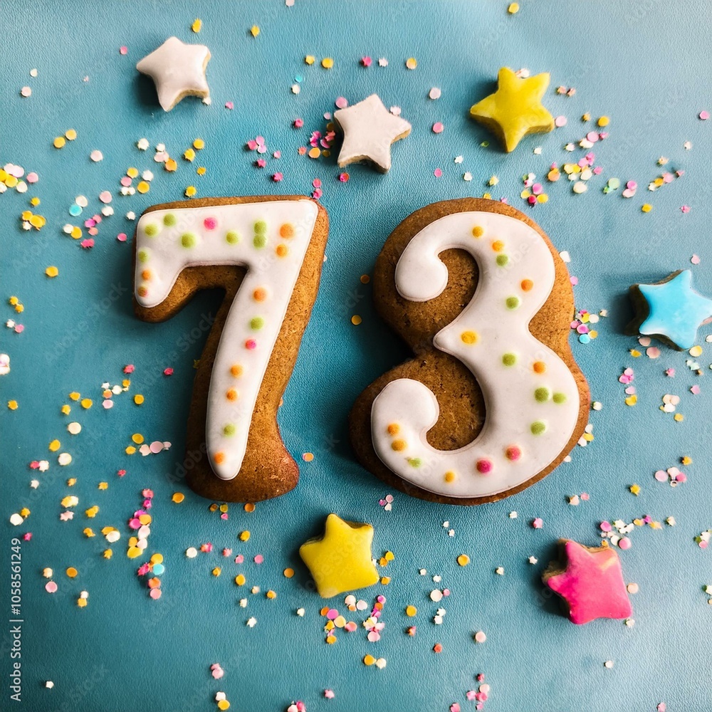 Decorated cookie, number 73, image for birthday or anniversary celebration Decorated cookie, number 73, image for birthday or anniversary celebration