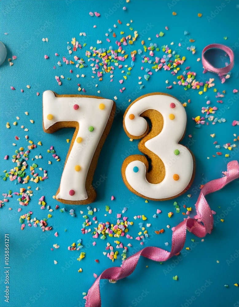 Decorated cookie, number 73, image for birthday or anniversary celebration Decorated cookie, number 73, image for birthday or anniversary celebration