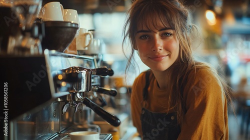 Woman Making Coffee in a Modern Coffee Shop Studio, Morning Routine, European Beauty