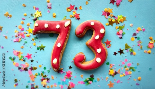 Decorated cookie, number 73, image for birthday or anniversary celebration