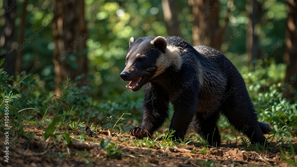 A fierce honey badger engaged in a battle for a honeycomb in the dense forest. The scene is set with tall trees and lush greenery, and the clear blue sky overhead adds a striking contrast to the inten A fierce honey badger engaged in a battle for a honeycomb in the dense forest. The scene is set with tall trees and lush greenery, and the clear blue sky overhead adds a striking contrast to the inten