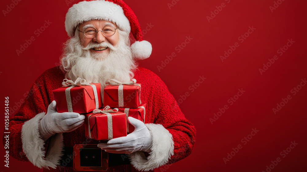 Santa Claus smiles while holding a beautifully wrapped gift against a bright red background during the holiday season Santa Claus smiles while holding a beautifully wrapped gift against a bright red background during the holiday season