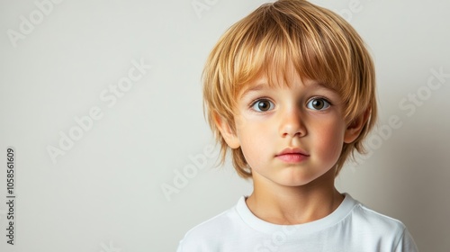 Curious young boy displaying an inquisitive expression while looking directly at the camera, creating an engaging portrait with ample copy space for text.