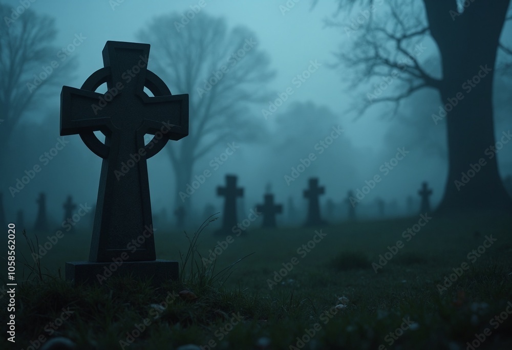 Close-up view of a nameless tombstone in a dark foggy graveyard Close-up view of a nameless tombstone in a dark foggy graveyard
