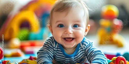 A cute baby with bright blue eyes is happily smiling while surrounded by an array of colorful toys around them, creating a delightful and joyful scene.