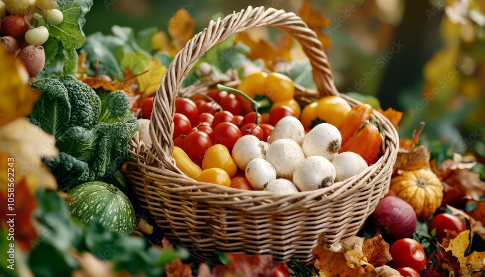 A vibrant basket filled with fresh fruits and vegetables, surrounded by colorful autumn leaves, showcasing the beauty of harvest season. A vibrant basket filled with fresh fruits and vegetables, surrounded by colorful autumn leaves, showcasing the beauty of harvest season.