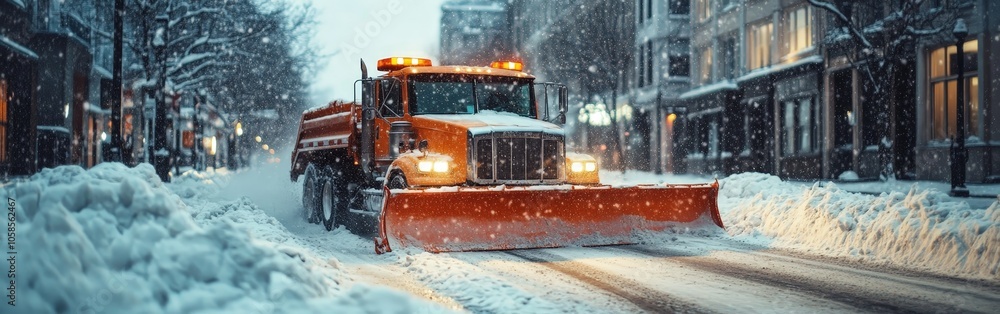 Snowplow Truck Removing Snow From City Street During Snowstorm Snowplow Truck Removing Snow From City Street During Snowstorm