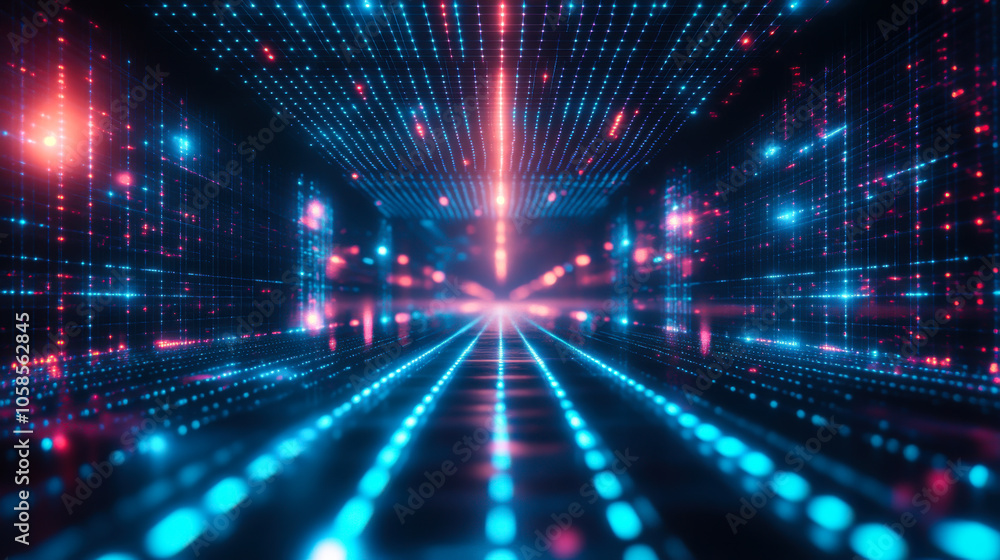 A vibrant digital tunnel with blue and pink glowing lines creating a futuristic atmosphere during a nighttime visualization A vibrant digital tunnel with blue and pink glowing lines creating a futuristic atmosphere during a nighttime visualization